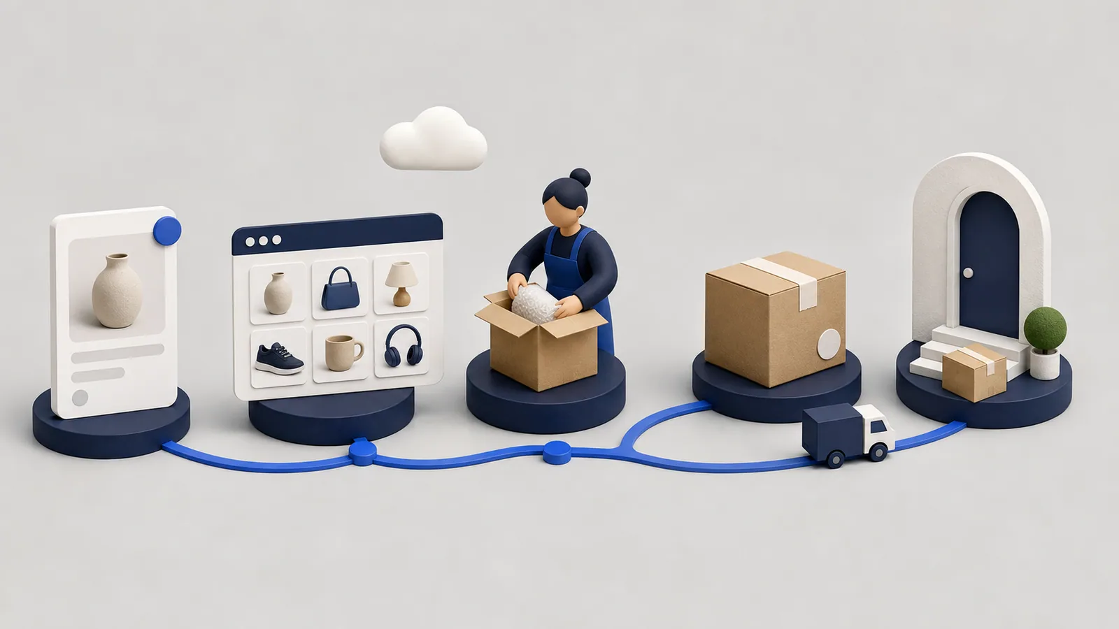 A visual sequence connecting a product listing, marketplace, seller, delivery parcel and buyer.