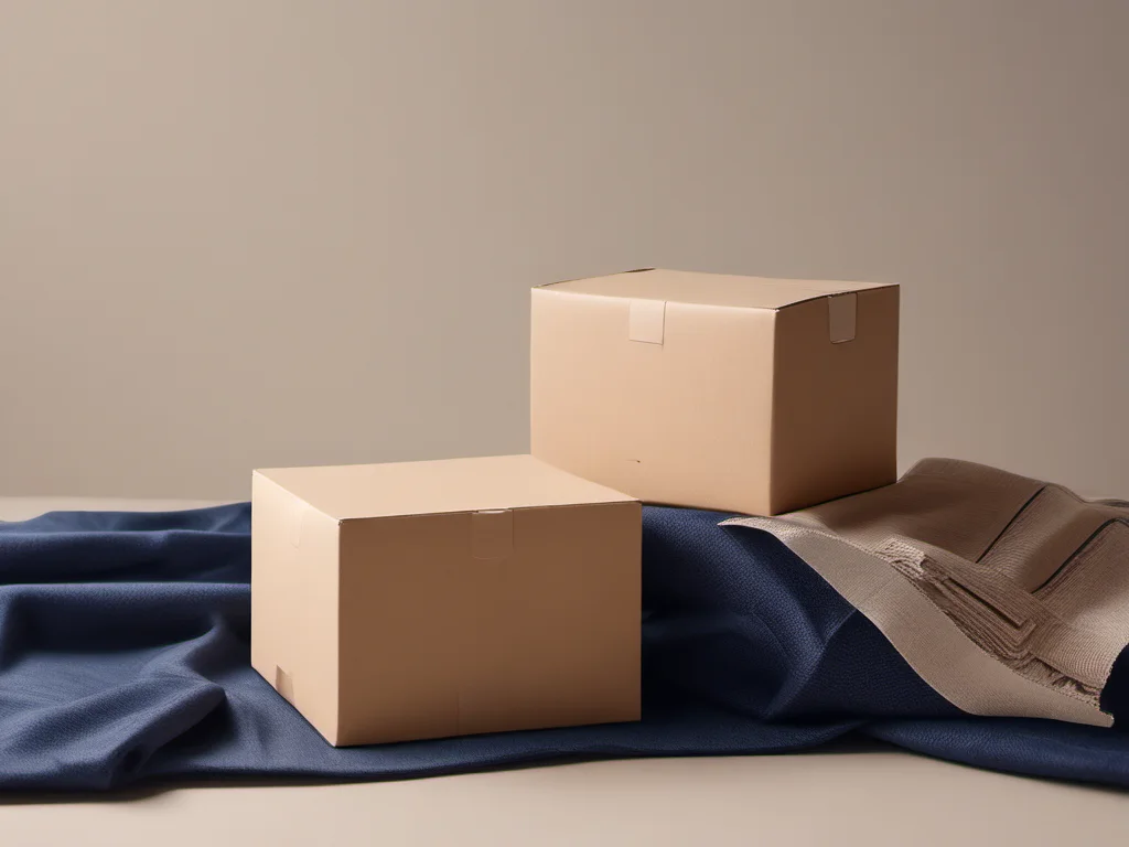AI-generated illustration of plain shipping boxes and folded navy fabric; not an actual Mulebuy facility or product.