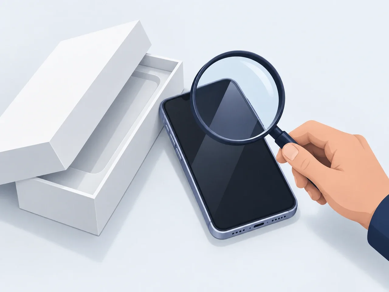 AI-generated editorial illustration of a smartphone being visually inspected with a magnifying glass beside a white packaging box; not a photograph of an Apple product or an actual