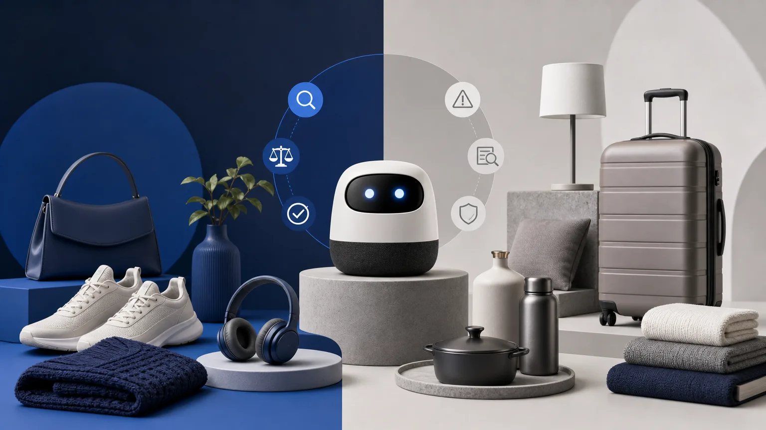Editorial illustration of refined editorial product arrangement showing shape, material and colour variation for “AI Shopping Assistants in 2026: How They Help, Where They Fail”.