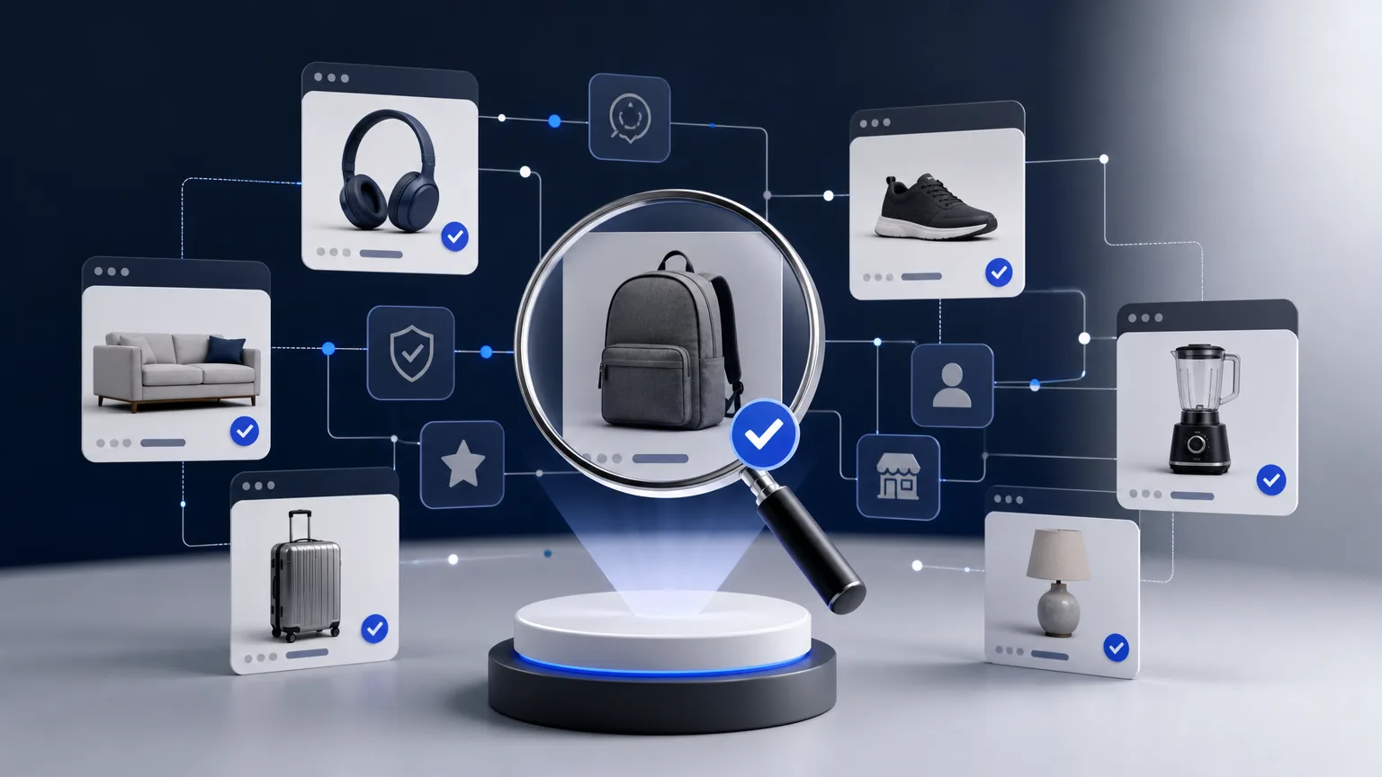 Editorial illustration of abstract network of marketplace windows and product discovery signals for “AI Shopping Discovery in 2026: What to Check Before You Buy”.