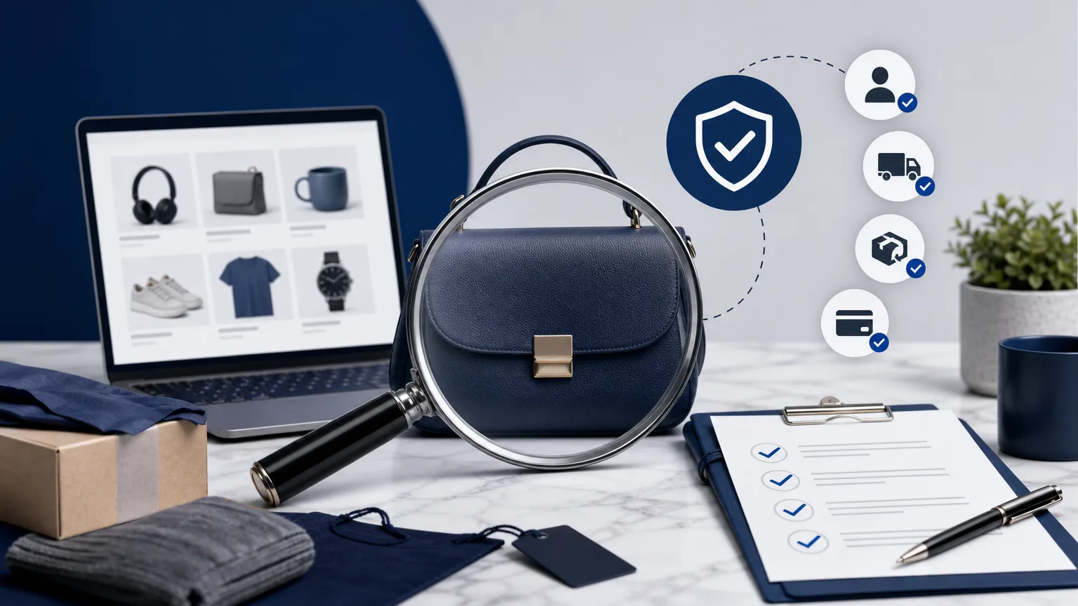 Editorial illustration of product inspection scene with a magnifying glass, checklist and trust indicators for “Comparison Shopping Online in 2026: Verify Sellers, Costs, and Retur