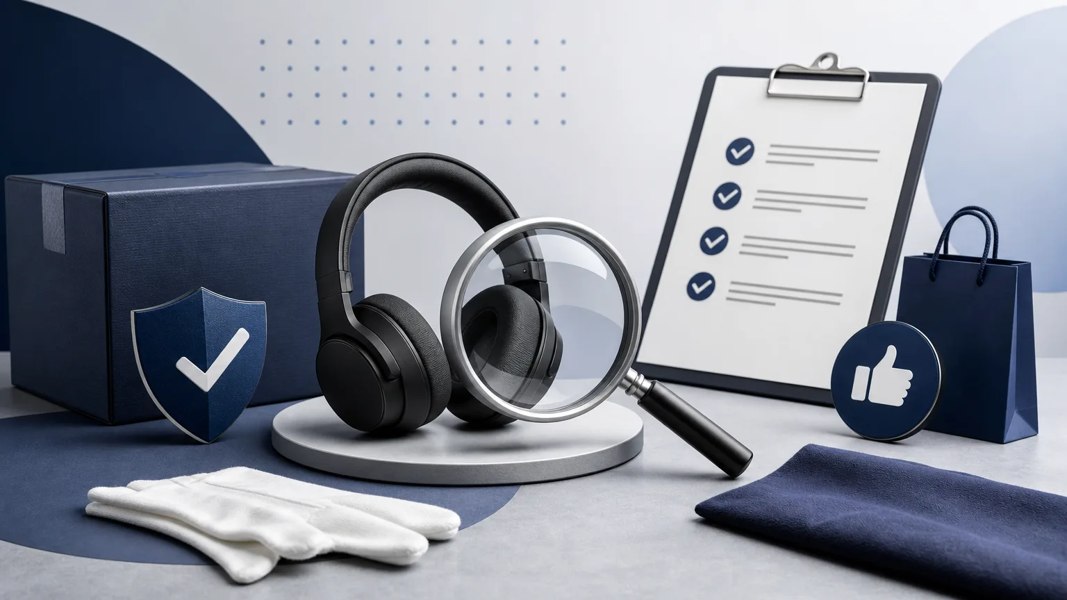 Editorial illustration of product inspection scene with a magnifying glass, checklist and trust indicators for “How to Check Products Before Buying From External Platforms”.