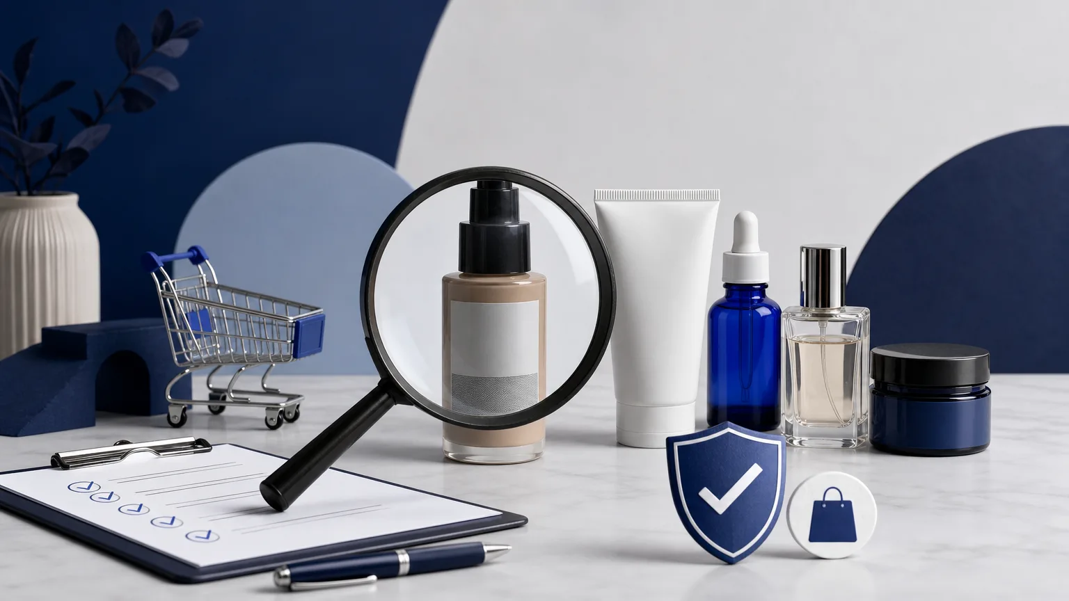 Editorial illustration of product inspection scene with a magnifying glass, checklist and trust indicators for “How to Spot Counterfeit Beauty Products Online Before You Buy”.