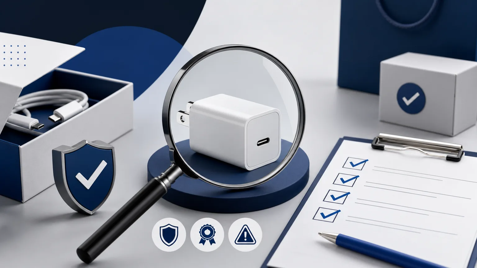 Editorial illustration of product inspection scene with a magnifying glass, checklist and trust indicators for “How to Spot Unsafe USB-C Phone Chargers on Marketplaces”.