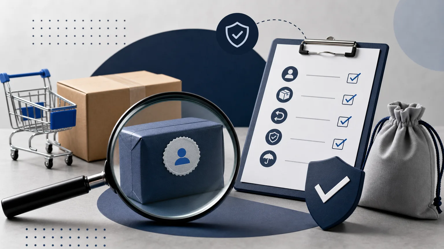 Editorial illustration of product inspection scene with a magnifying glass, checklist and trust indicators for “How to Verify the Real Seller on a Marketplace Before You Buy”.