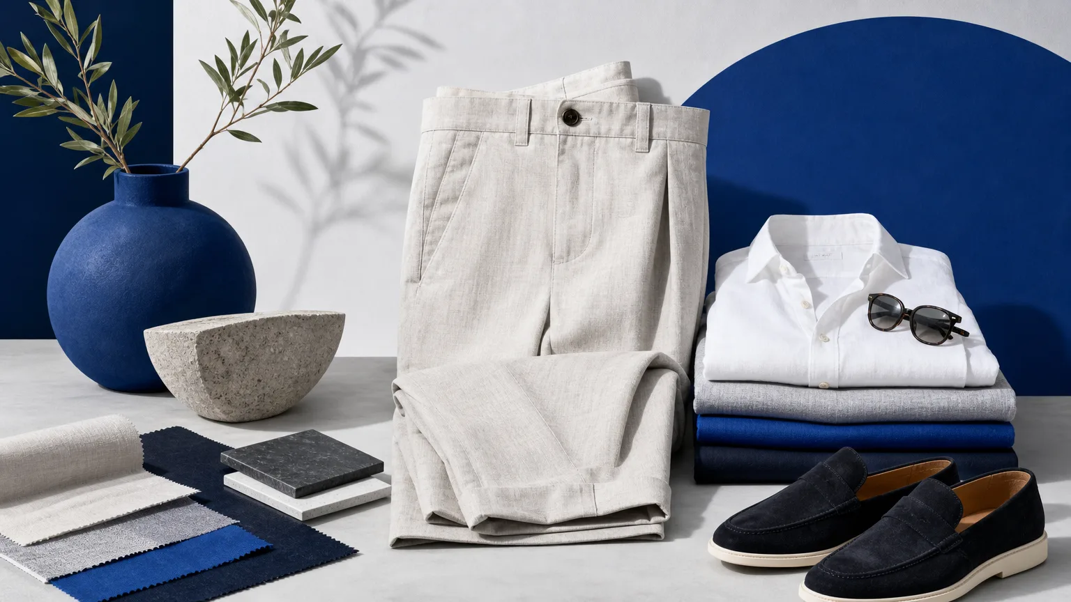 Editorial illustration of clean wardrobe composition showing coordinated unbranded pieces and materials for “Linen Trousers for Summer 2026: Fit, Fabric, and Styling That Works”.