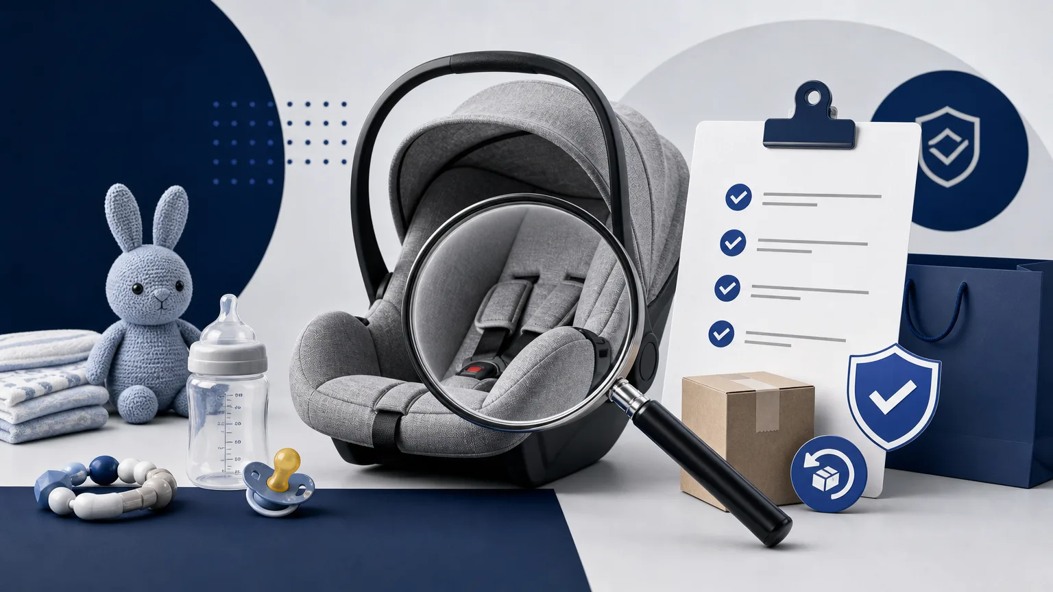 Editorial illustration of product inspection scene with a magnifying glass, checklist and trust indicators for “Marketplace Baby Product Safety: How to Read Listings Before You Buy
