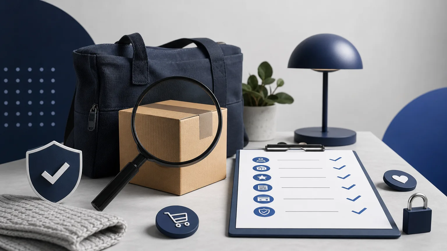 Editorial illustration of product inspection scene with a magnifying glass, checklist and trust indicators for “Marketplace Trust Signals: How to Read a Listing Before You Buy”.