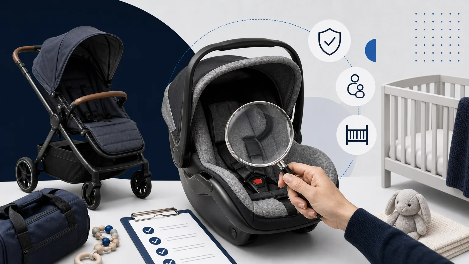 Editorial illustration of product inspection scene with a magnifying glass, checklist and trust indicators for “Safe Used Baby Gear: What to Buy Secondhand in 2026”.